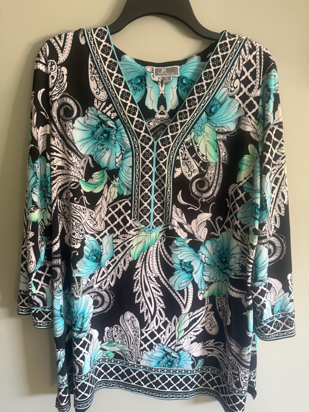 JM Collection Women's Black & Teal Floral V-Neck Tunic Top Rhinestone Trim 1X